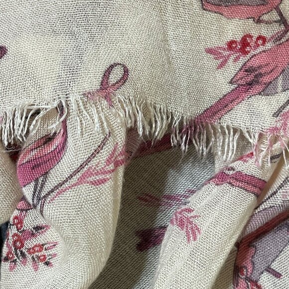 Lauren Conrad Lightweight Scarf Pink Cream Birds Fringe One Size - Picture 4 of 4